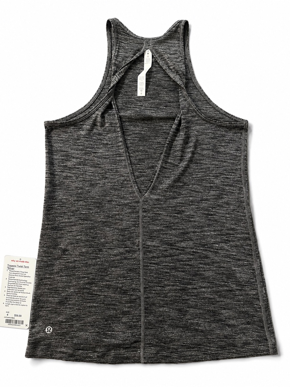 Lululemon Trapeze Twist Tank – Heathered Black/Silver – Size 4 – NWT